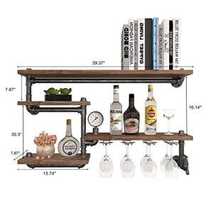 HOMEKAYT Industrial Pipe Wine Rack, Wall Mounted Wine Rack with 4 Stem Glass Holder, Metal Floating Bar Shelves Wall Bar Shelf for Kitchen/Living Room/Home