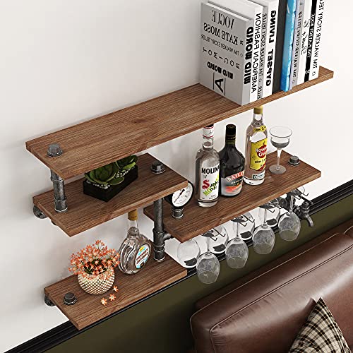 HOMEKAYT Industrial Pipe Wine Rack, Wall Mounted Wine Rack with 4 Stem Glass Holder, Metal Floating Bar Shelves Wall Bar Shelf for Kitchen/Living Room/Home