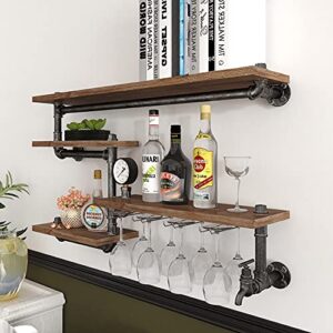 HOMEKAYT Industrial Pipe Wine Rack, Wall Mounted Wine Rack with 4 Stem Glass Holder, Metal Floating Bar Shelves Wall Bar Shelf for Kitchen/Living Room/Home