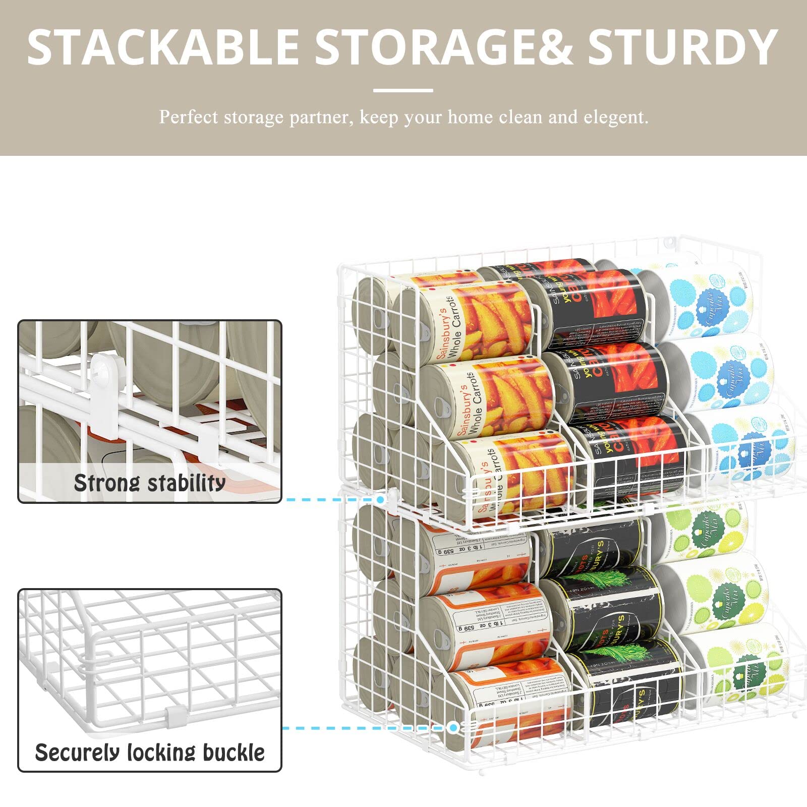 Stackable Can Rack Organizer for Pantry Storage, Can Dispensers with 4 Adjustable Dividers, 2-Tier Metal Wire Basket Beverage Pop Soda Rack for Kitchen Cabinet Pantry, White