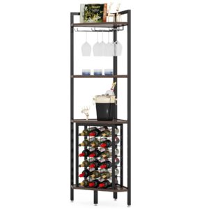 little tree corner wine rack freestanding floor corner bar shelf with glass holder for small space, brown