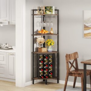 LITTLE TREE Corner Wine Rack Freestanding Floor Corner Bar Shelf with Glass Holder for Small Space, Brown