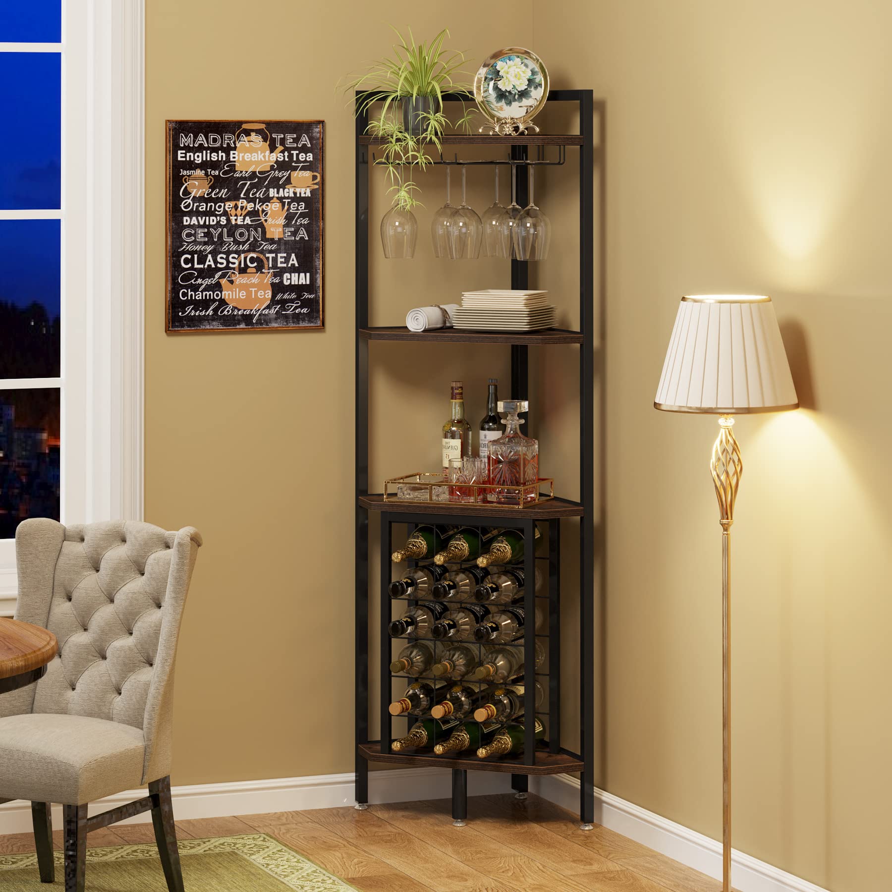 LITTLE TREE Corner Wine Rack Freestanding Floor Corner Bar Shelf with Glass Holder for Small Space, Brown