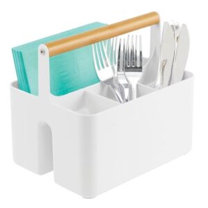 mdesign plastic portable storage organizer kitchen caddy tote, divided bin w/wood handle for napkins, silverware, forks, knives, spoons - store in cabinets, counters - aura collection - white/natural