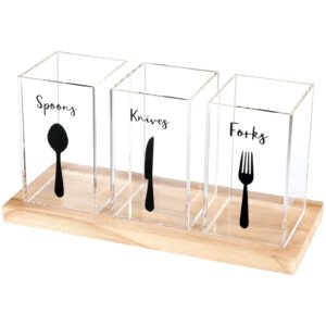 meanplan acrylic utensil organizer for countertop clear silverware caddy countertop spoon and fork holder flatware caddy cutlery holder with wooden tray for kitchen storage, dining room (rectangle)