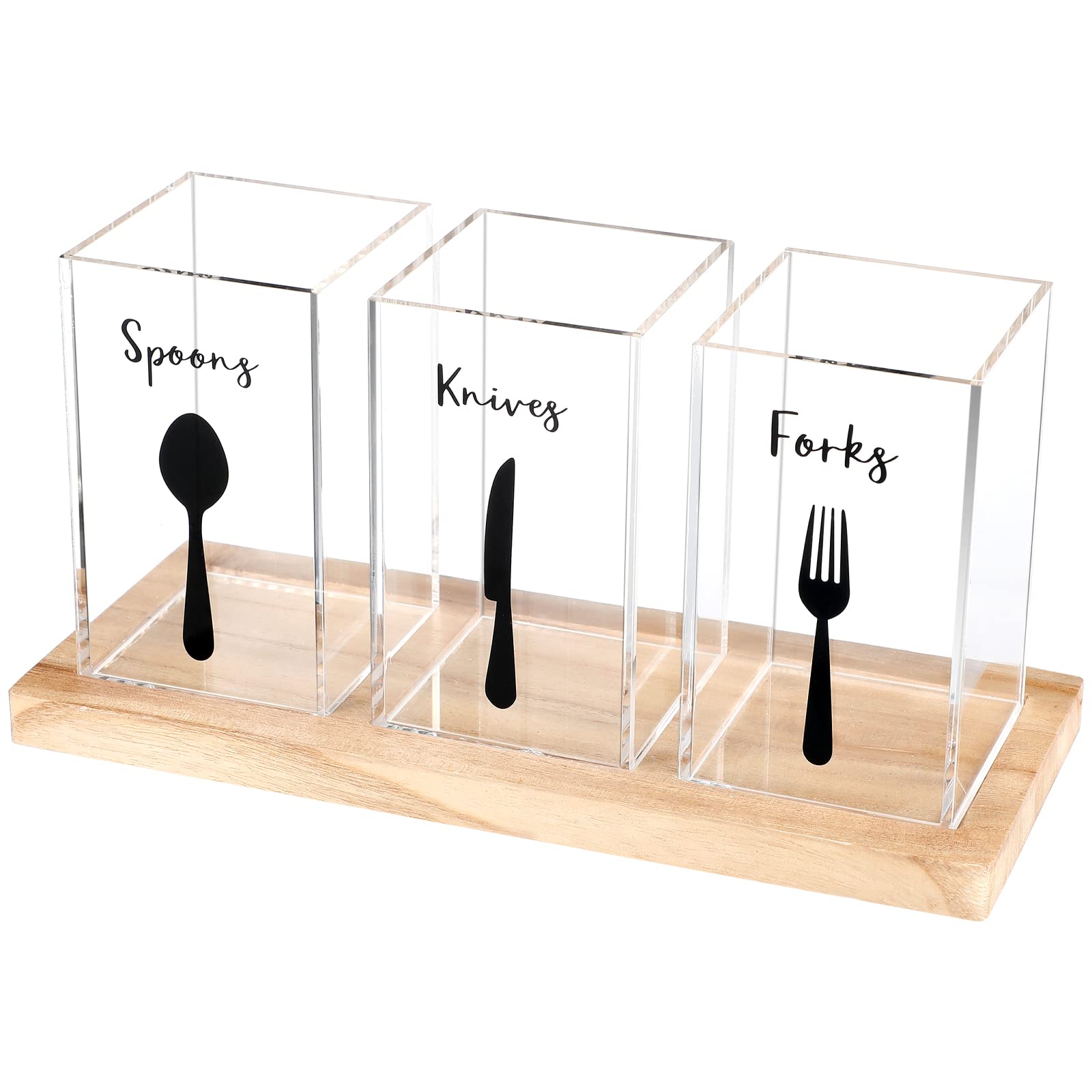 Meanplan Acrylic Utensil Organizer for Countertop Clear Silverware Caddy Countertop Spoon and Fork Holder Flatware Caddy Cutlery Holder with Wooden Tray for Kitchen Storage, Dining Room (Rectangle)