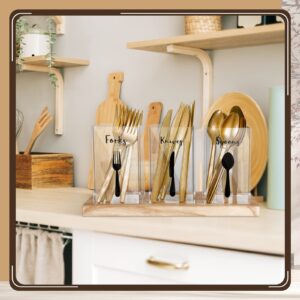 Meanplan Acrylic Utensil Organizer for Countertop Clear Silverware Caddy Countertop Spoon and Fork Holder Flatware Caddy Cutlery Holder with Wooden Tray for Kitchen Storage, Dining Room (Rectangle)