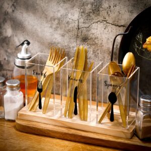 Meanplan Acrylic Utensil Organizer for Countertop Clear Silverware Caddy Countertop Spoon and Fork Holder Flatware Caddy Cutlery Holder with Wooden Tray for Kitchen Storage, Dining Room (Rectangle)