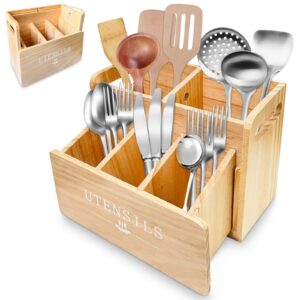 yleric kitchen utensil organizer for countertop,wooden utensil holder organizer-5 compartments with splints,the tableware rack is used for storing knives, forks, spoons and napkins. (natural)