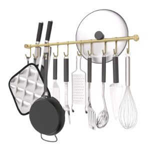 OKEPOO Kitchen Hanging Racks 304 Stainless Steel 20 Inch Rail Utensil Storage Hanger with 10 Pcs Noiseless Sliding Hooks, Wall Mounted Rod Holder for Pots Pan Spatula Spoon Cookware Mug Cup. (Golden)