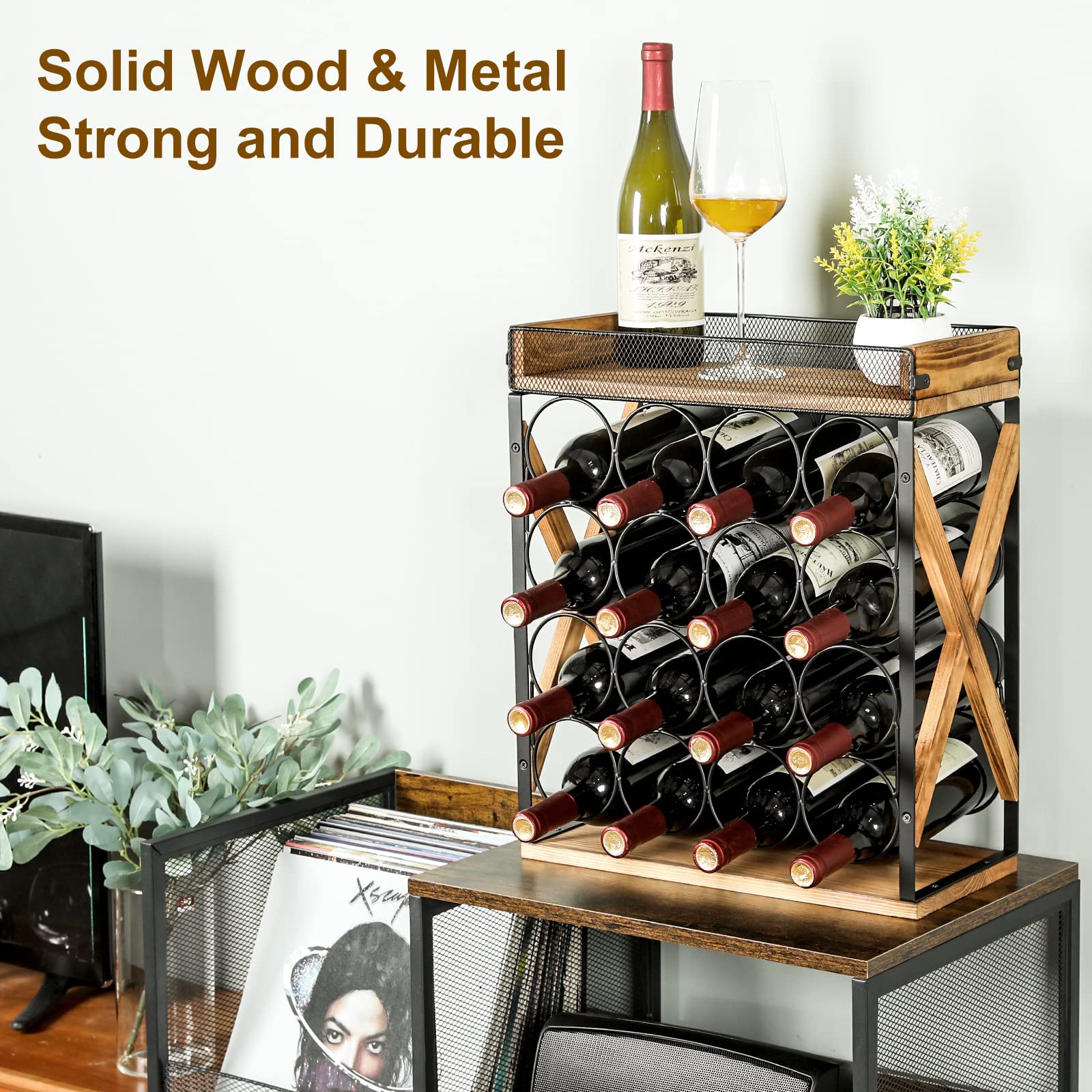 ThreeHio Wood Countertop Wine Rack, 16 Bottle Wine Bottle Holders Stands Wine Storage Racks with Tray, 4 Tiers Table top Wine Racks for Kitchen Counter Tops, Pantry