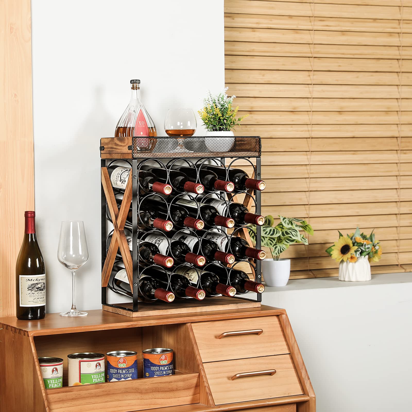 ThreeHio Wood Countertop Wine Rack, 16 Bottle Wine Bottle Holders Stands Wine Storage Racks with Tray, 4 Tiers Table top Wine Racks for Kitchen Counter Tops, Pantry