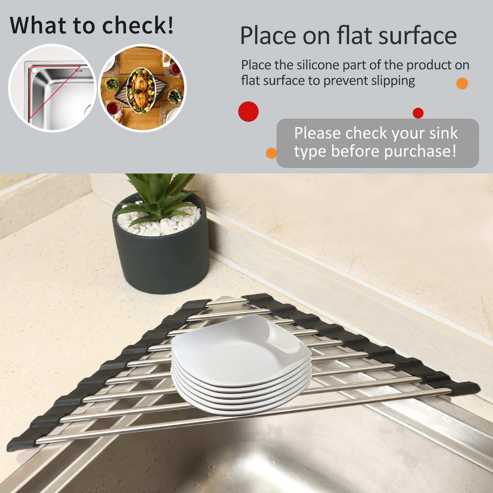 Roll Up Dish Drying Rack Triangle Dish Drying Rack for Sink,over the Sink Dish Drying Rack , Kitchen Corner Dish Drainer Mat, Foldable Stainless Steel Corner Sink Rack for Kitchen (Roll up + Triangle)