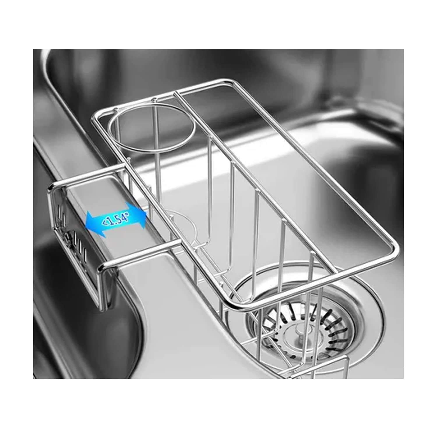 VIGOR PATH 4-in-1 Kitchen Sink Sponge Holder with Brush Holder, Dish Cloth Hanger, and Sink Plug Bracket - 304 Stainless Steel (Silver)