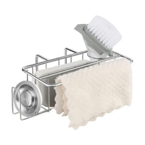 VIGOR PATH 4-in-1 Kitchen Sink Sponge Holder with Brush Holder, Dish Cloth Hanger, and Sink Plug Bracket - 304 Stainless Steel (Silver)