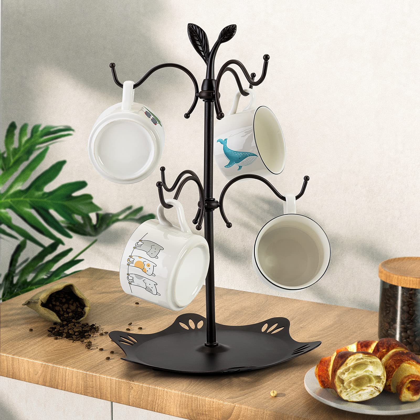 Coffee Mug Holder for Large Mugs, Mug Tree for Counter, Coffee Cup Holder for Countertop, Mug Rack with Tray, Metal Coffee Mug Tree with 6 Hooks, Coffee Counter Bar Accessory & Kitchen Home Organizer