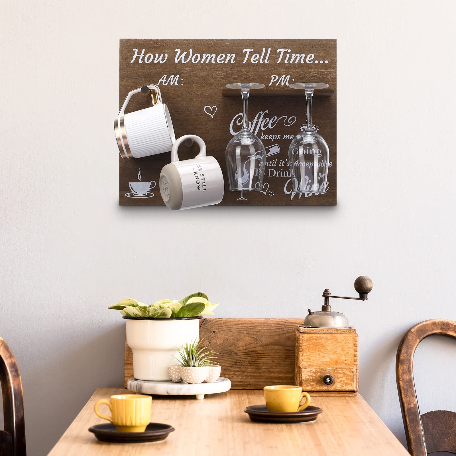 Maitys Funny Gifts Wine Gifts for Women Coffee and Wine Holder How Women Tell Time Mug Rack Wine Glass Holder Farmhouse Kitchen Decor