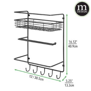 mDesign Metal Wall Mount Paper Towel Holder with Storage Shelf and Hooks for Kitchen, Pantry, Laundry, Garage Organization - Holds Spices, Seasonings, Pot Holders, Cookware - Black