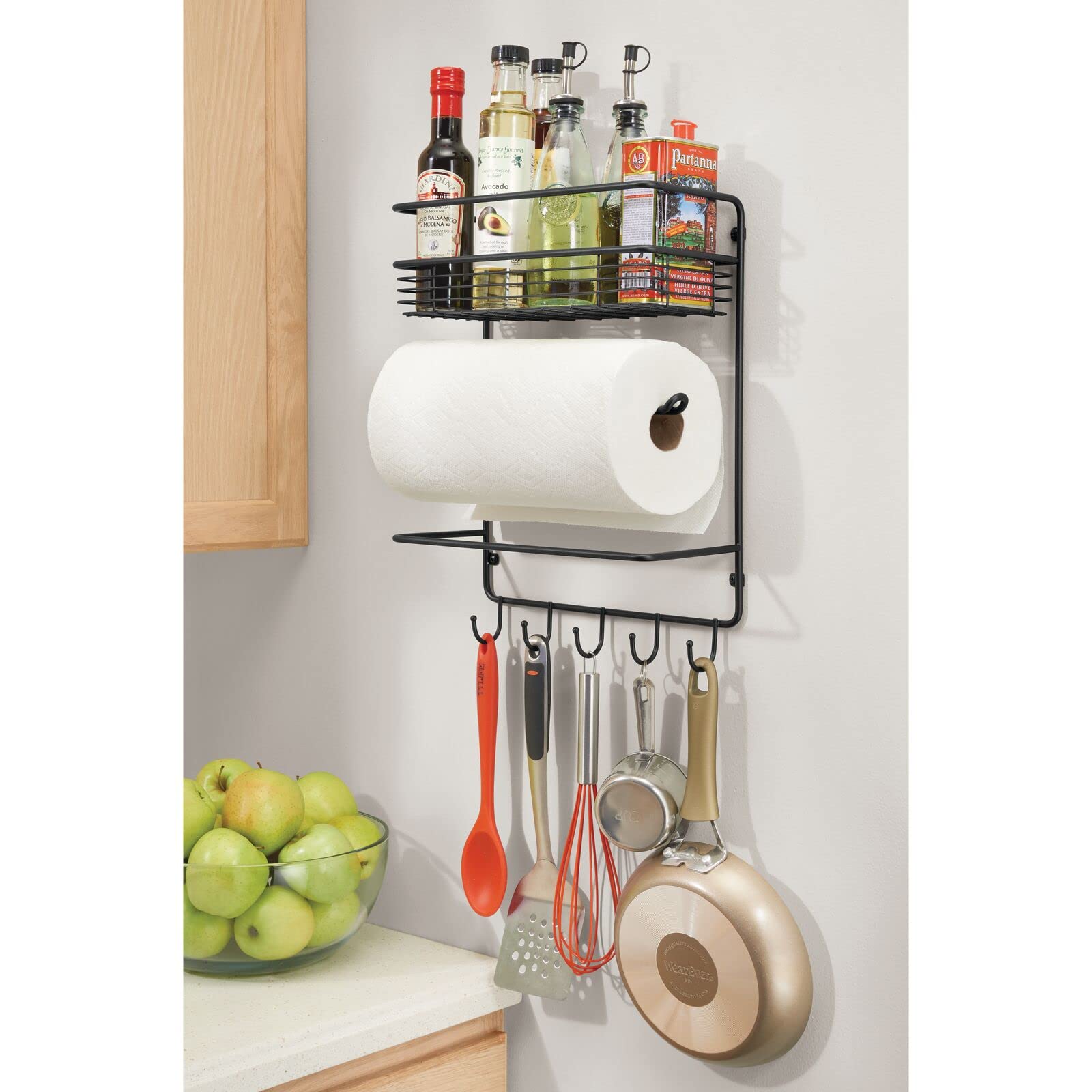 mDesign Metal Wall Mount Paper Towel Holder with Storage Shelf and Hooks for Kitchen, Pantry, Laundry, Garage Organization - Holds Spices, Seasonings, Pot Holders, Cookware - Black