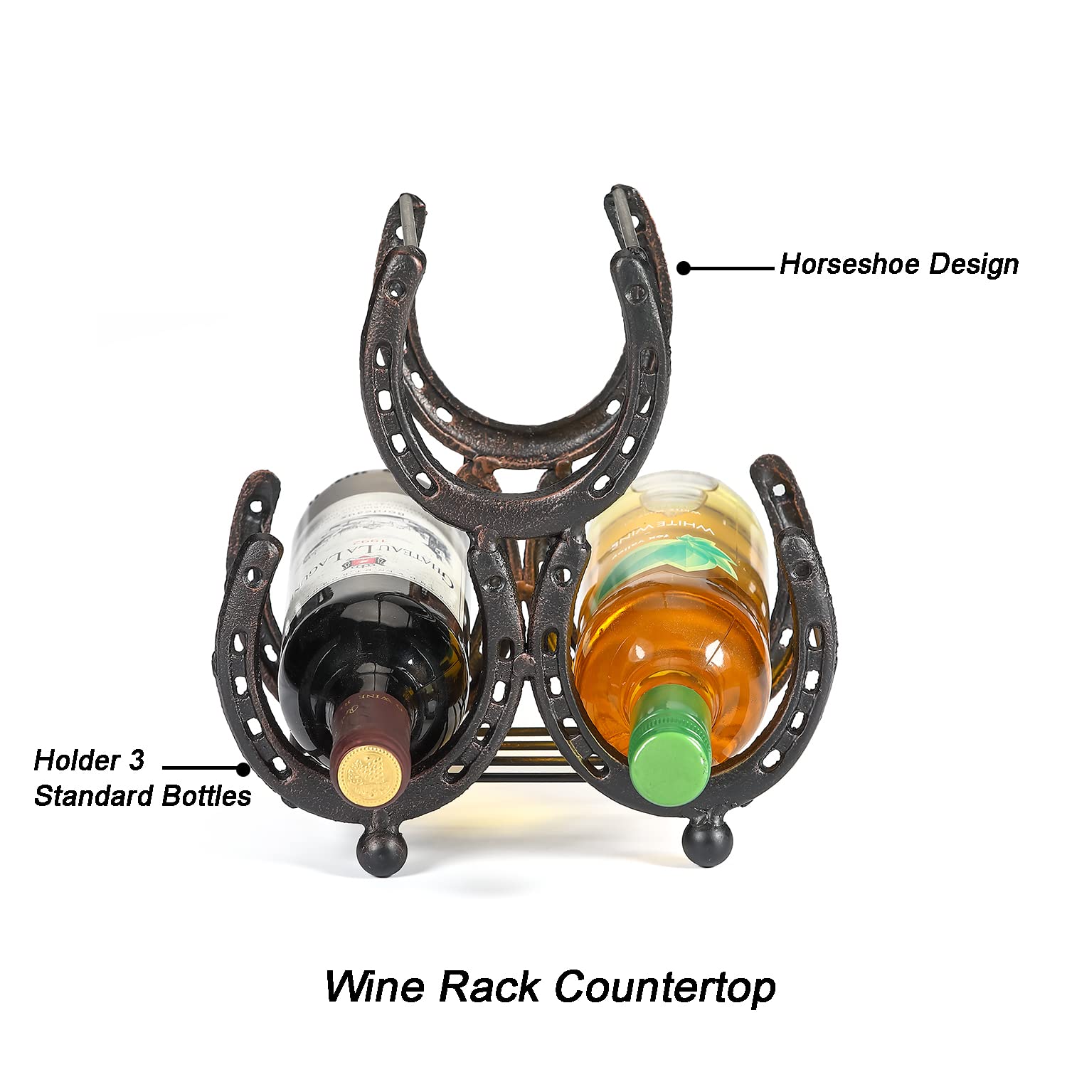 Retrome Iron Horseshoe Wine Rack, Wine Holder 3 Bottles Countertop Freestanding, Dark Bronze…