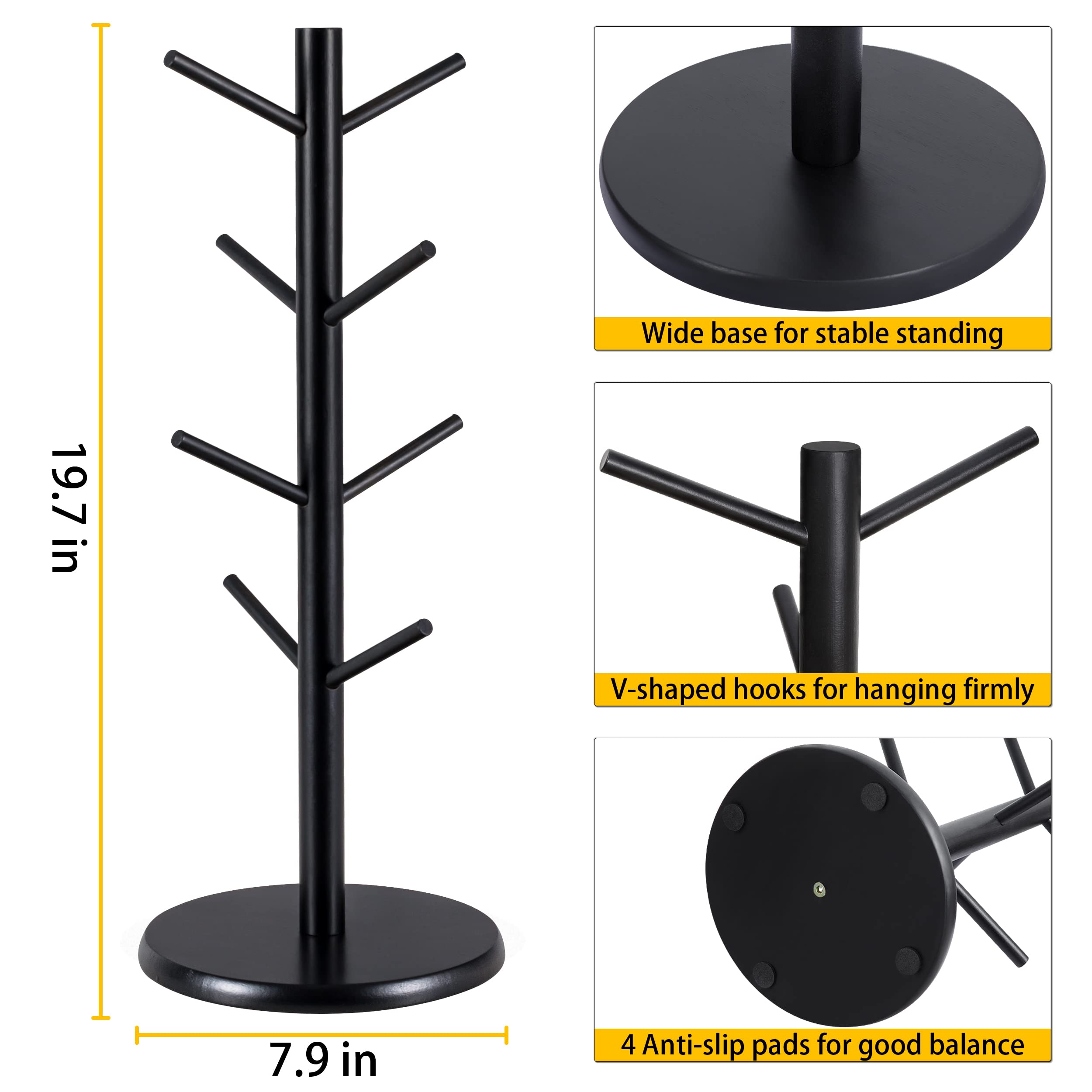 MyLifeUNIT Mug Holder Tree, Black Coffee Cup Holder with 8 Hooks, Wood Mug Hanger Stand for Counter