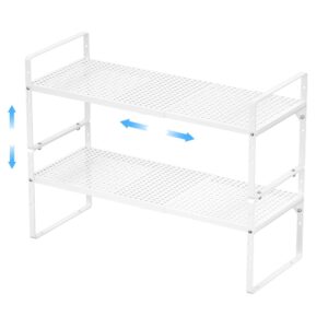 gedlire expandable kitchen cabinet shelf organizers 2 pack, stackable metal pantry storage shelves rack, adjustable counter shelf for cabinets, countertop, cupboard organizers and storage, white