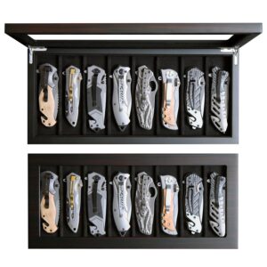 Besforu Knife Display Case Organizer storage 8 pocket knives, Folding Knife Holder with Real Glass Window Top， Pocket knife collection box for men gift (Ebony Veneer 8 slot)