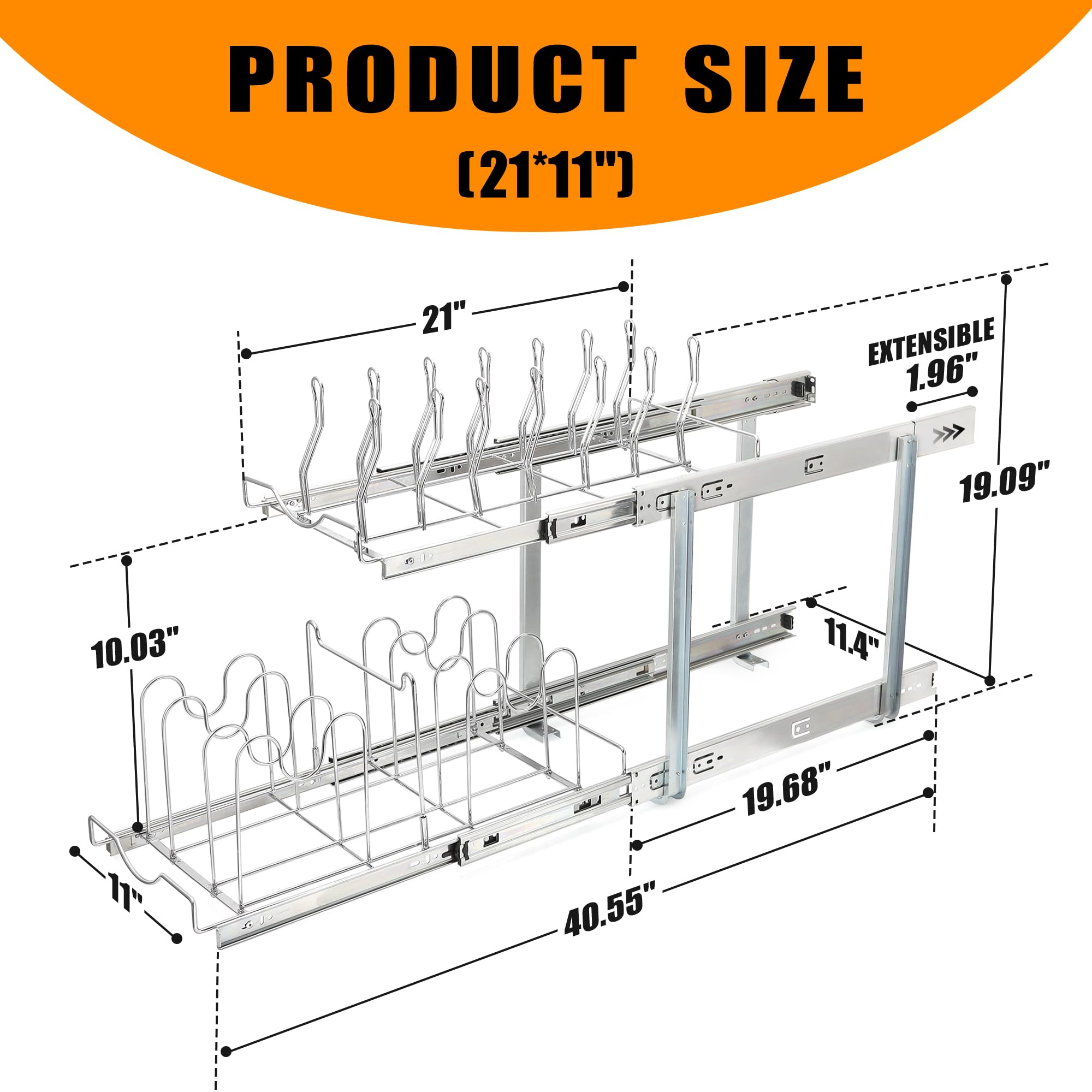 BONADOM Pans and Pots Lid Kitchen Slide Out Pull Cabinet Organizer for Lid Cookware Cutting Board Bakeware Shelf Sliding Wire Rack-2 Tier Heavy Duty Under Sink 11”W x 21”D x 19.09”H