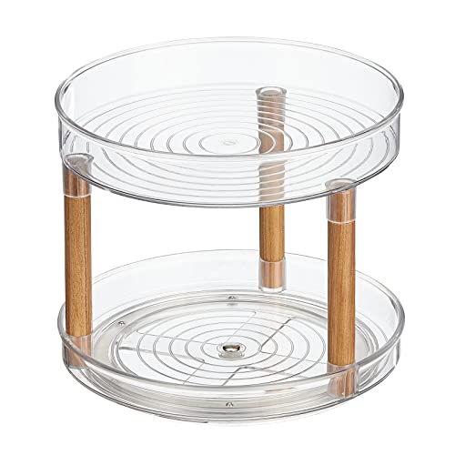 Nate Home by Nate Berkus 2-Tier Plastic 9-Inch Turntable Organizer with Ash Wood Accents | for Kitchen Cabinet, Countertop, or Pantry Organizing from mDesign - Clear/Natural