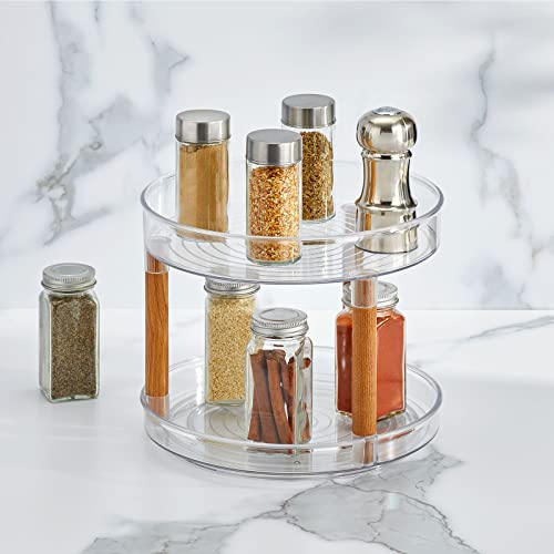 Nate Home by Nate Berkus 2-Tier Plastic 9-Inch Turntable Organizer with Ash Wood Accents | for Kitchen Cabinet, Countertop, or Pantry Organizing from mDesign - Clear/Natural