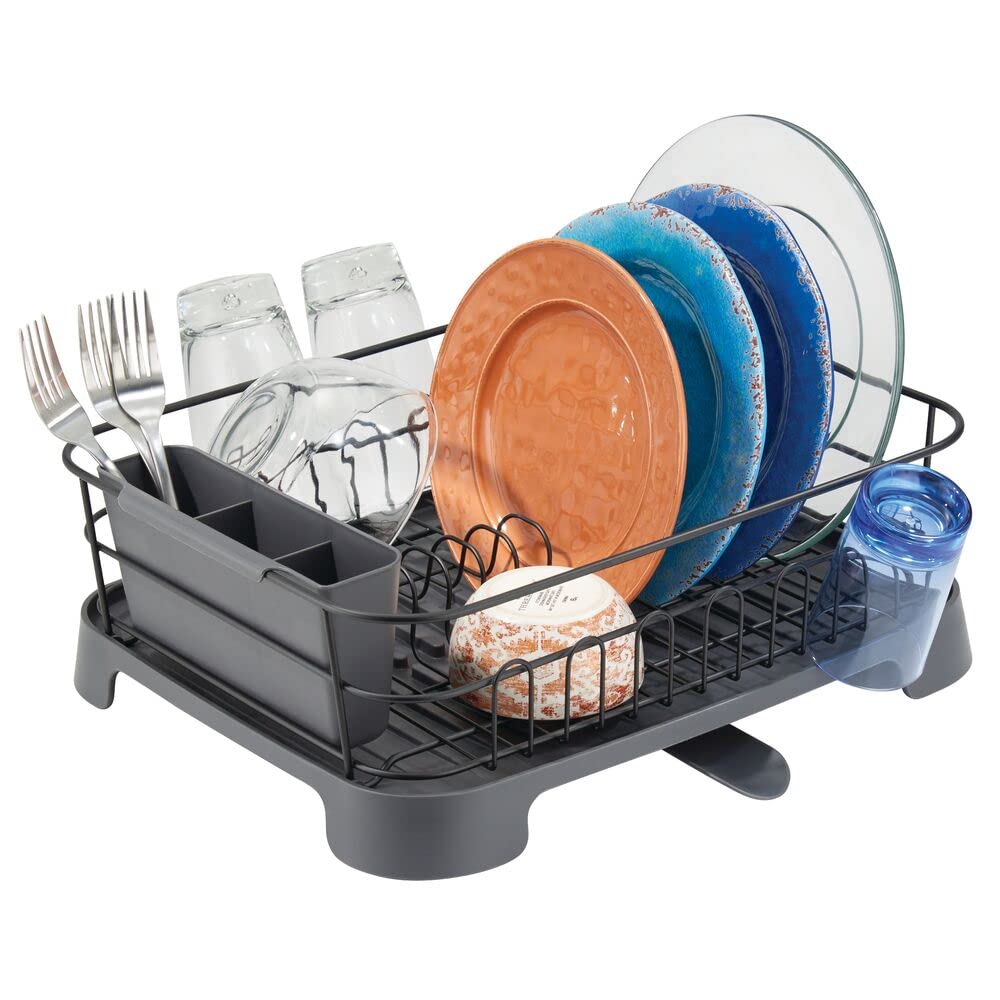 mDesign Alloy Steel Sink Dish Drying Rack Holder with Plastic Swivel Spout Drainboard Tray - Dish Rack/Dish Drainer Storage Organizer for Kitchen Counter - Concerto Collection - Matte Black/Slate