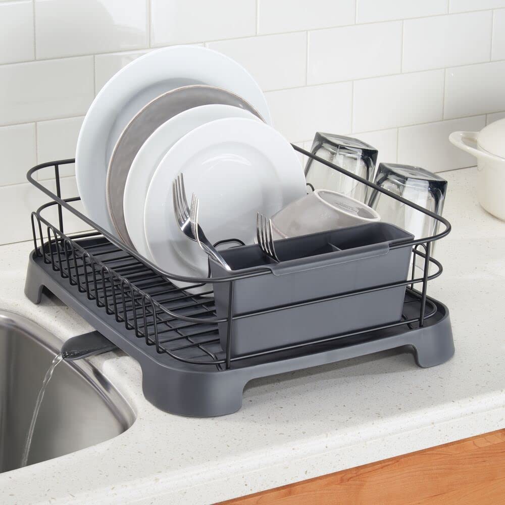 mDesign Alloy Steel Sink Dish Drying Rack Holder with Plastic Swivel Spout Drainboard Tray - Dish Rack/Dish Drainer Storage Organizer for Kitchen Counter - Concerto Collection - Matte Black/Slate