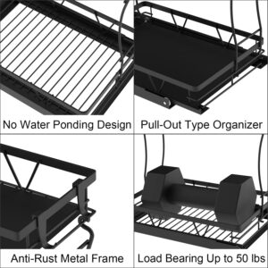 FHCZYYZ Under Sink Organizer and Storage, 2-Tier Pull Out Kitchen Under Sink Shelf Cabinet Storage, Multi-Purpose Slide Out Bathroom Under Sink Drawer Organizer Shelves with 4 Hooks, Black