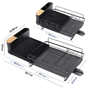 TOOLF Dish Drying Rack, Expandable Dish Drying Rack with Drainboard, Metal Large Dish Rack for Kitchen Counter, Dish Drainer with Cutlery Holder & 360°Swivel Spout Black