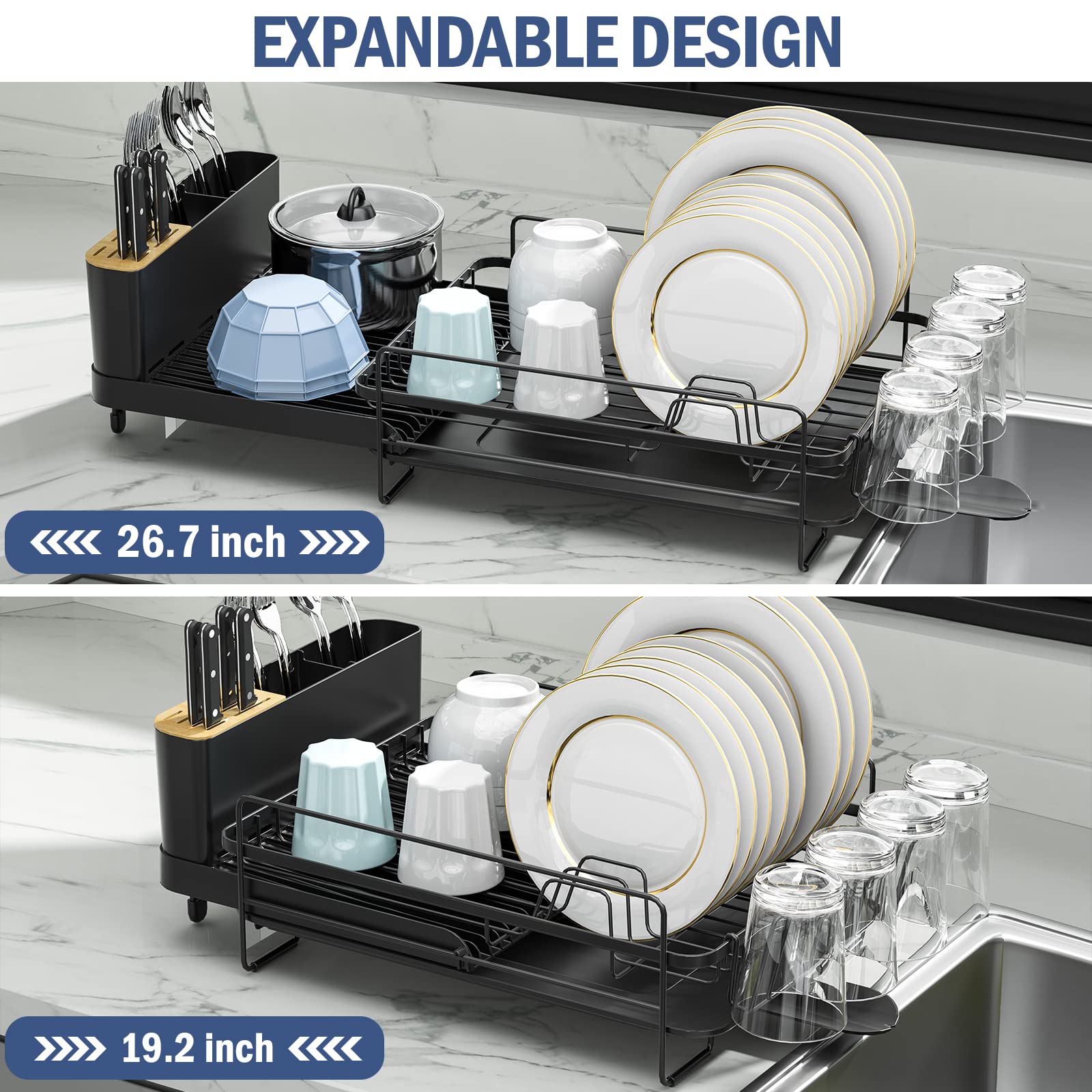 TOOLF Dish Drying Rack, Expandable Dish Drying Rack with Drainboard, Metal Large Dish Rack for Kitchen Counter, Dish Drainer with Cutlery Holder & 360°Swivel Spout Black