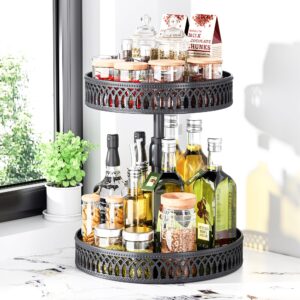y&m 2 tier lazy susan turntable, height adjustable spice organizer, 9.5” & 10” round metal rotating spice rack, spice jars storage holder for snack pantry cabinet bathroom countertop kitchen - black