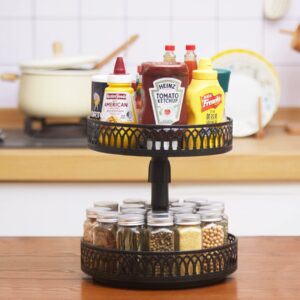 Y&M 2 Tier Lazy Susan Turntable, Height Adjustable Spice Organizer, 9.5” & 10” Round Metal Rotating Spice Rack, Spice Jars Storage Holder for Snack Pantry Cabinet Bathroom Countertop Kitchen - Black