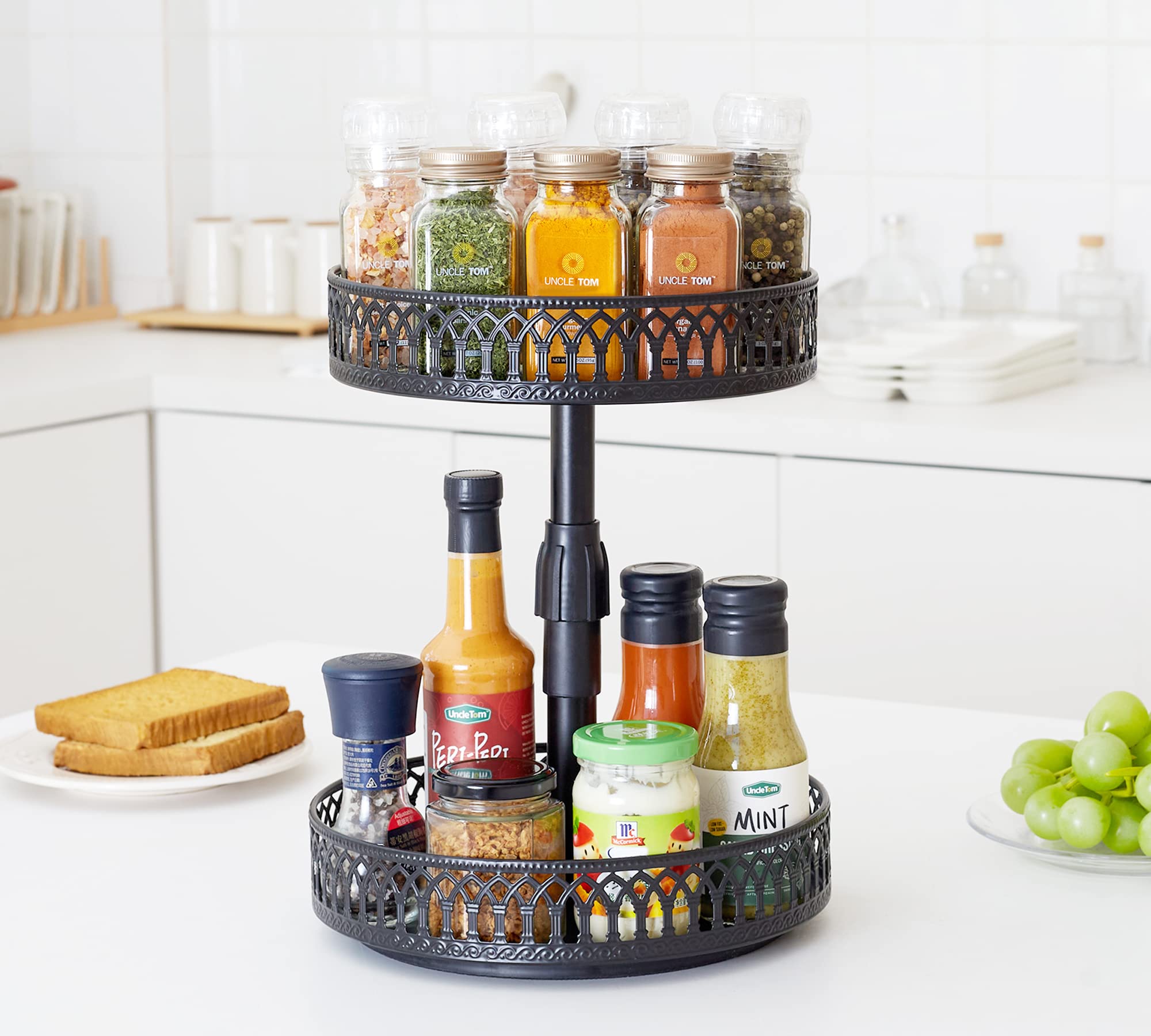 Y&M 2 Tier Lazy Susan Turntable, Height Adjustable Spice Organizer, 9.5” & 10” Round Metal Rotating Spice Rack, Spice Jars Storage Holder for Snack Pantry Cabinet Bathroom Countertop Kitchen - Black