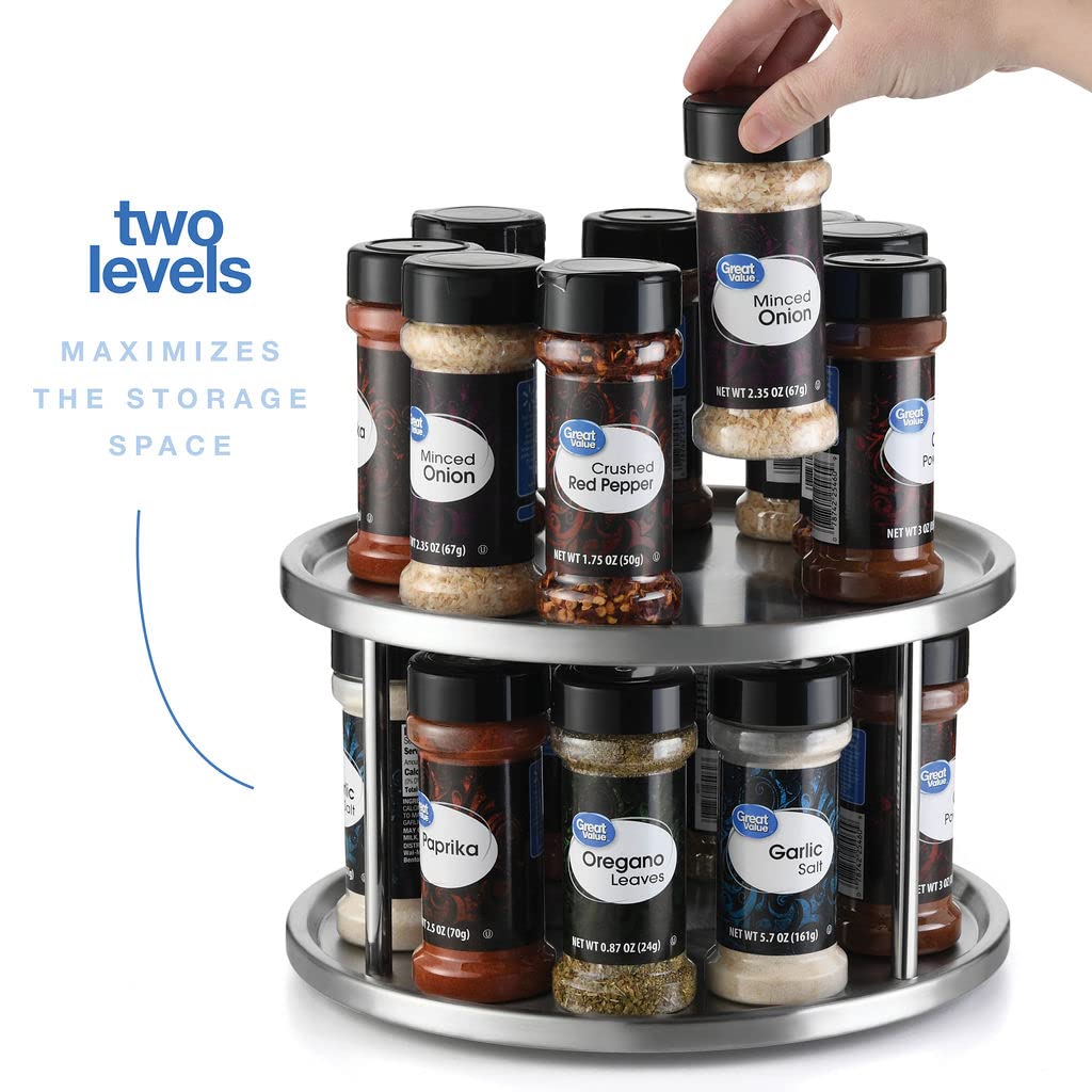 Lovotex 2 Tier Lazy Susan Stainless Steel 360 Degree Turntable Carousel Rotating Tabletop Stand for Dining Table, Kitchen Counters, Pantry, Cabinets – Spice Rack Organizer Tray - 10.5" Diameter