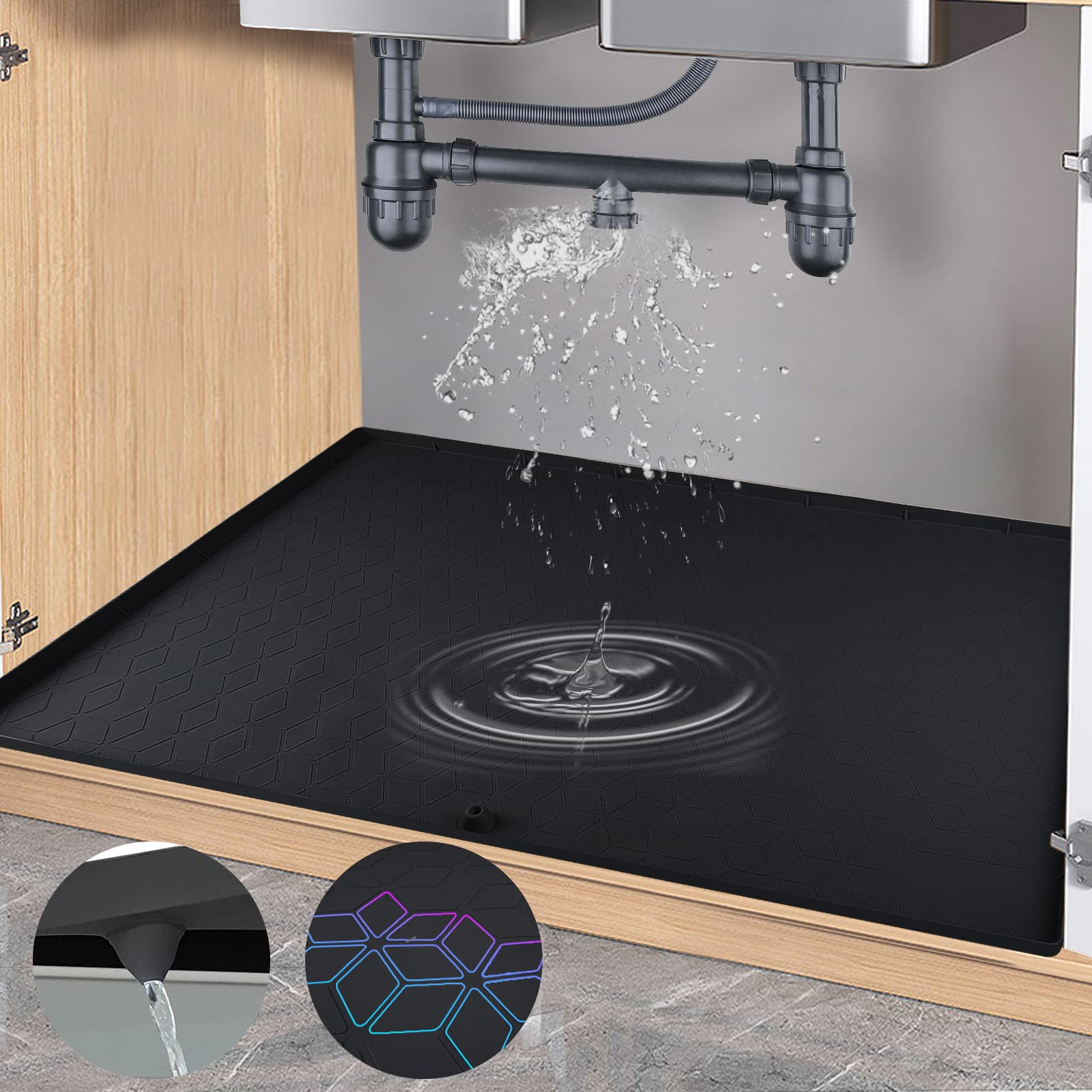 AUMIO Under Sink Mat, Under Sink Mats for Kitchen Waterproof 22" x 34" Under Kitchen Sink Mat Silicone Under Sink Liner Drip Tray with Drain Hole, Sink Cabinet Protector Mat for Kitchen Bathroom Black