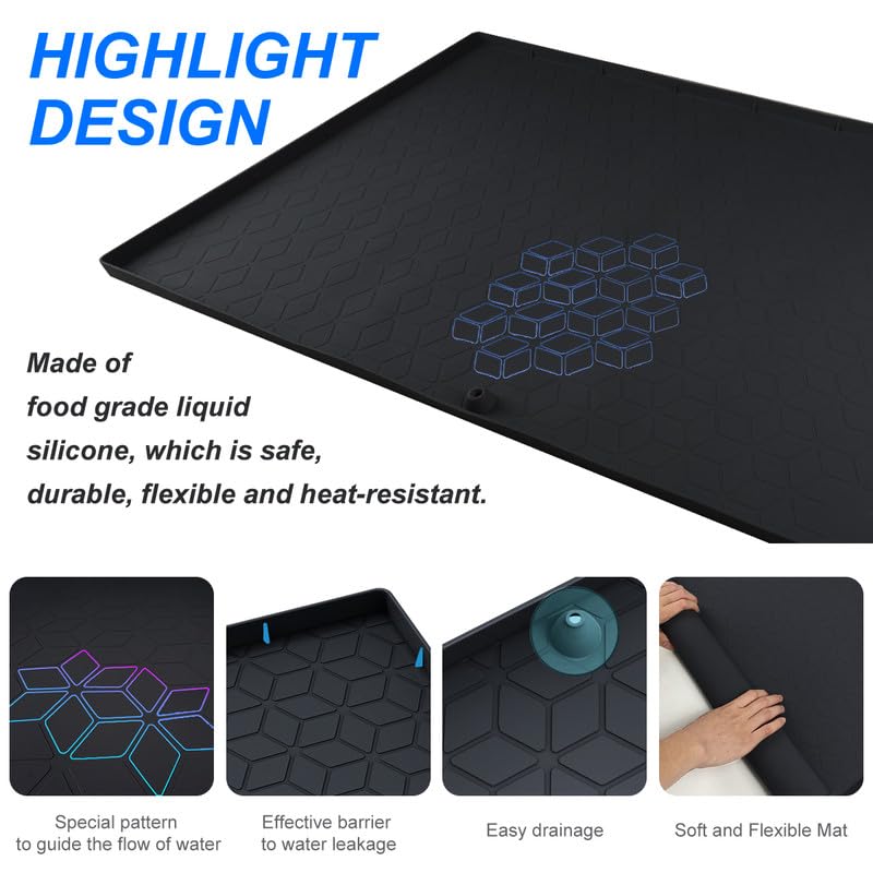 AUMIO Under Sink Mat, Under Sink Mats for Kitchen Waterproof 22" x 34" Under Kitchen Sink Mat Silicone Under Sink Liner Drip Tray with Drain Hole, Sink Cabinet Protector Mat for Kitchen Bathroom Black