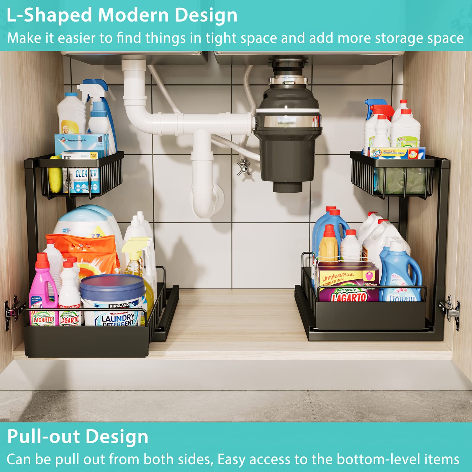 Floridy Under Sink Organizer, Pull Out Under Sink Organizers and Storage l Shaped, Under the Sink Organizer Bathroom Kitchen Cabinet Organizer Shelf and Storage