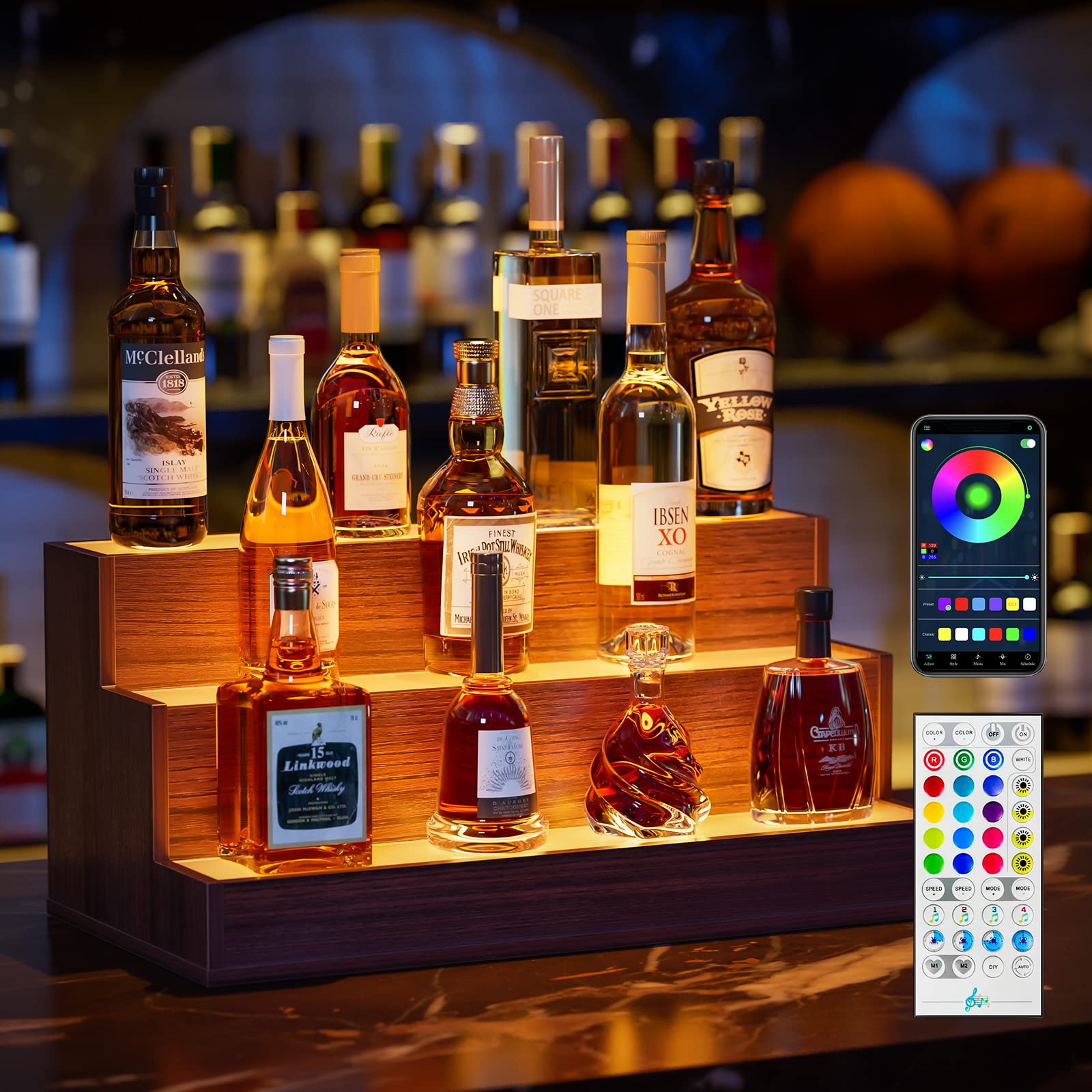 Cubehom LED Lighted Liquor Bottle Display Shelf, 24 Inch Bar Display Shelf with App & Remote Control 3 Tier for Home Bar, Party, Walnut