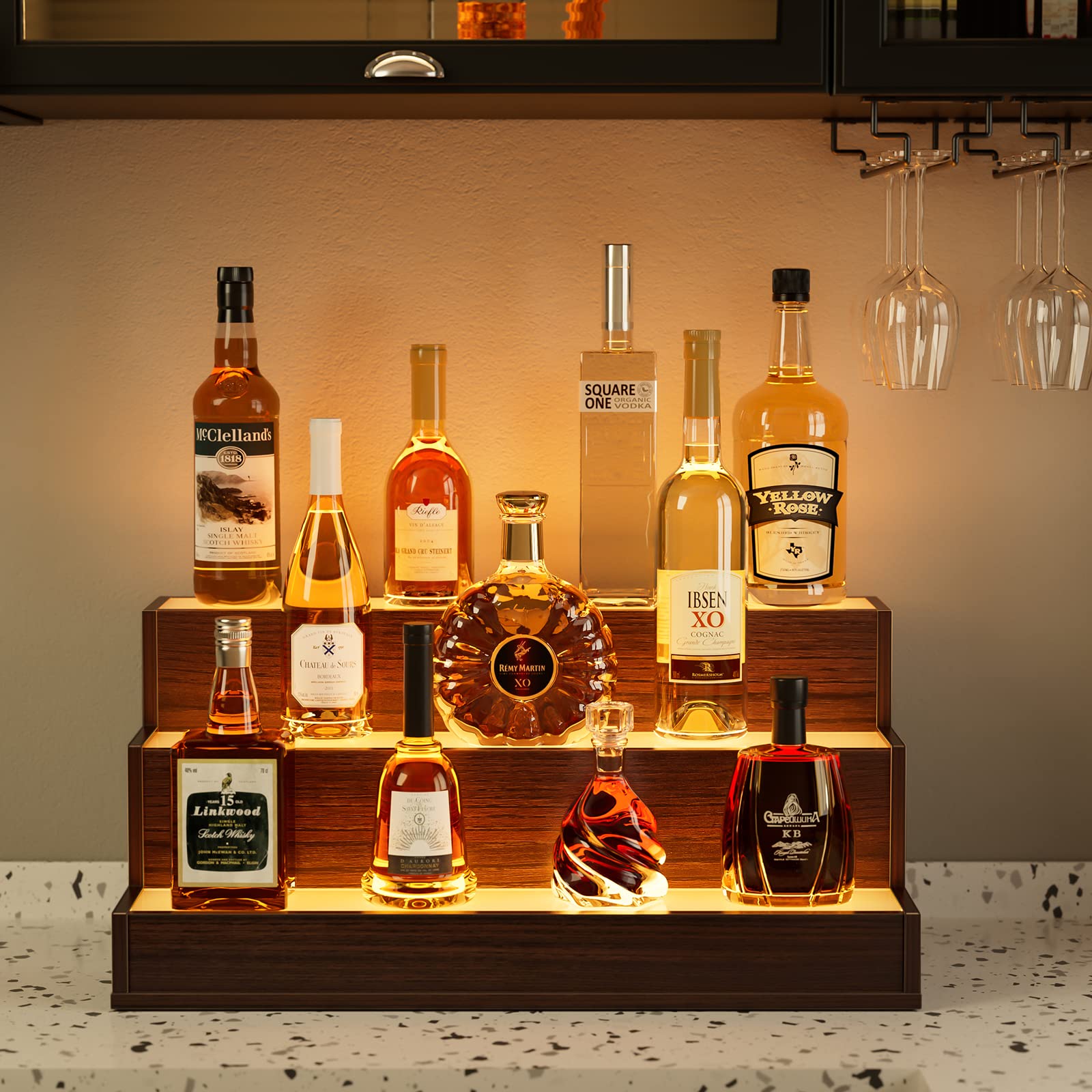 Cubehom LED Lighted Liquor Bottle Display Shelf, 24 Inch Bar Display Shelf with App & Remote Control 3 Tier for Home Bar, Party, Walnut