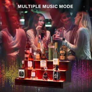 Cubehom LED Lighted Liquor Bottle Display Shelf, 24 Inch Bar Display Shelf with App & Remote Control 3 Tier for Home Bar, Party, Walnut