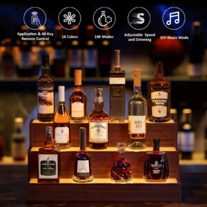 Cubehom LED Lighted Liquor Bottle Display Shelf, 24 Inch Bar Display Shelf with App & Remote Control 3 Tier for Home Bar, Party, Walnut