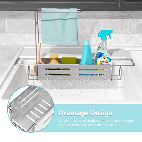 NiHome Adjustable Telescopic Sink Storage Rack - 2-in-1 Stainless Steel Organizer for Kitchen and Bathroom, with Non-Slip Expandable Drain Basket, Sponge Caddy, Dish Cloth and Rag Hanger (Silver)