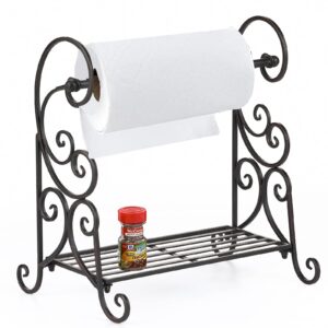 wenbery paper towel holder stand 16.5" h free standing metal fancy scroll paper towel organizer for kitchen paper towel holder stand and condiment shelf rack