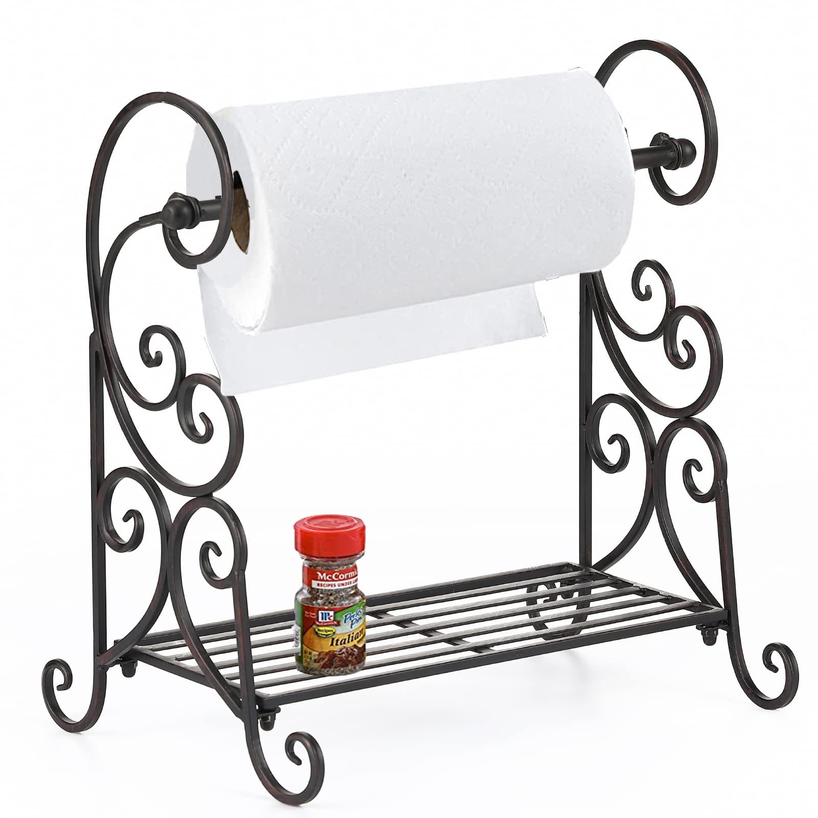 Wenbery Paper Towel Holder Stand 16.5" H Free Standing Metal Fancy Scroll Paper Towel Organizer for Kitchen Paper Towel Holder Stand and Condiment Shelf Rack