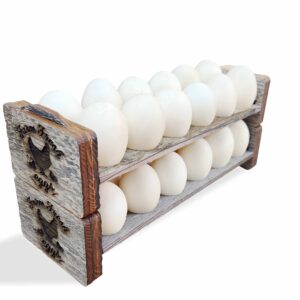 rockin' wood egg holder tray- countertop stackable egg rack for fresh eggs - made in the usa with real rustic reclaimed wood - egg sorter - wood egg tray (double tray)